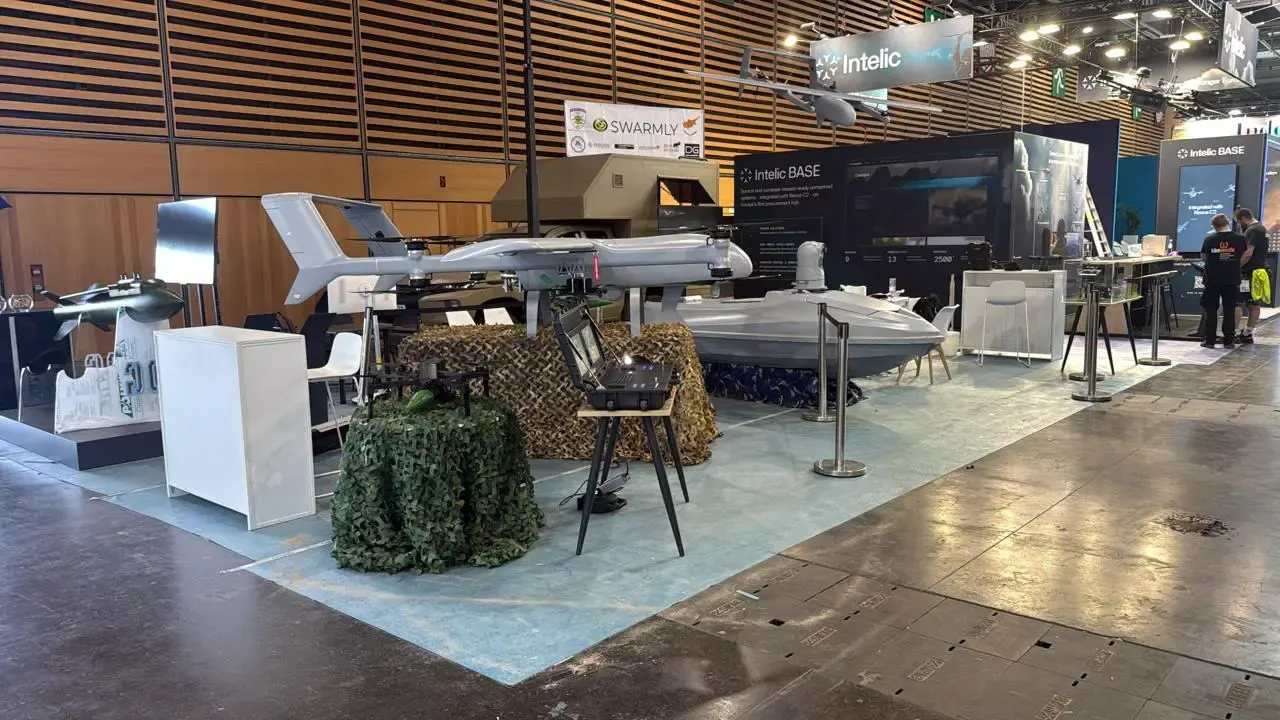 SkyComm UAV communications equipment shown at an industry exhibition