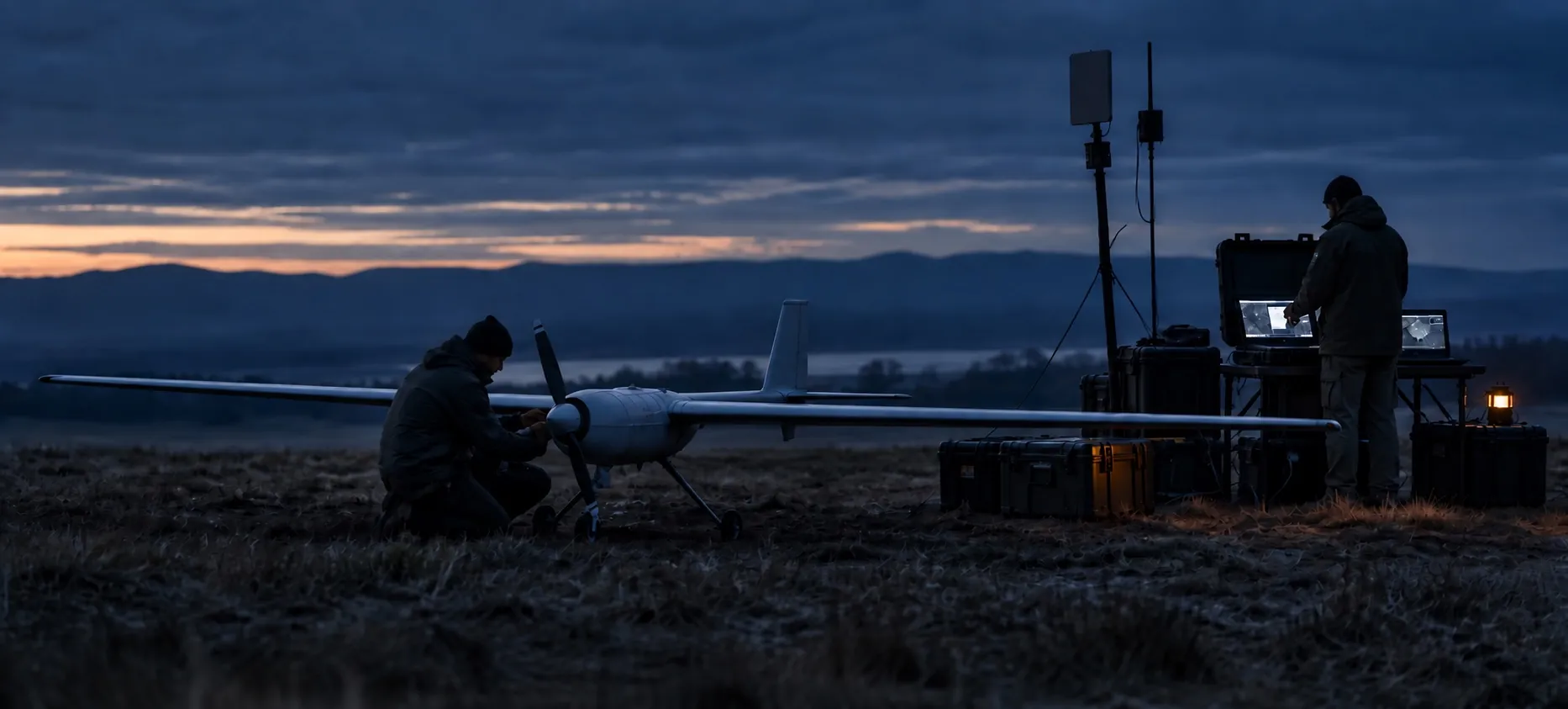 Fixed-wing UAV and ground control equipment being prepared in the field at dusk